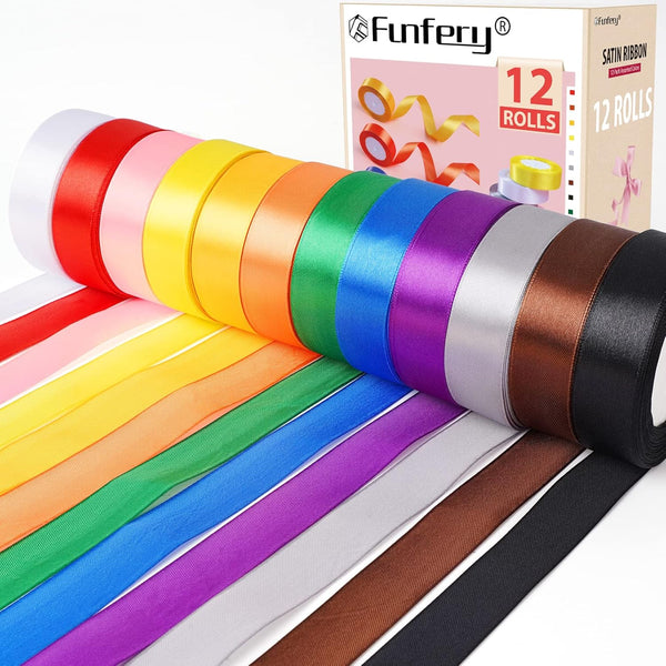 12 Rolls 300 Yards 1 Inch Satin Ribbon, Assorted Colors, 25 Yards/Roll for Gift Wrapping and Crafts