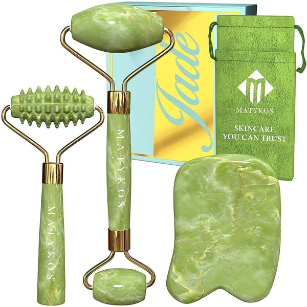 Jade Roller and Gua Sha Set - 2 Anti-Aging Facial Rollers and Tool for Skincare Routine, Massage for Wrinkles
