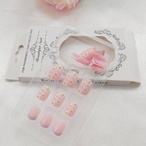 Square Press on Nails Short Cute Purple French Tip False Nails with White Flower Designs - 24 Pcs
