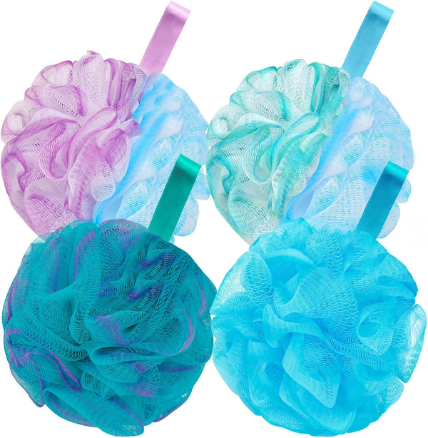 Bath Loofah Shower Sponge Body Back Scrubber, Soft Mesh Shower Puffs, Exfoliating Loofa for Women & Men (Pack of 4,