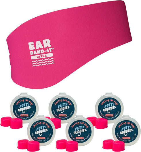 Earvolution Ear Band-It Ultra Premium Swimming Headband and Swimmers Ear Plugs Bundle, Hot Pink, Medium