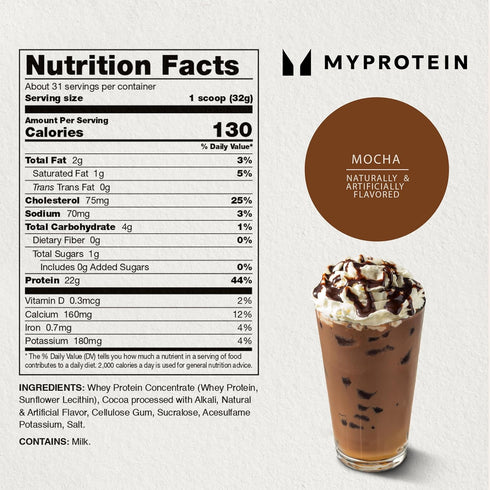 Myprotein Impact Whey Protein Powder, 2.2 Lbs (31 Servings) Mocha, 22g Protein & 5g BCAA Per Serving