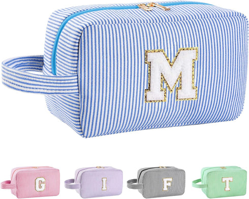 Personalized Initial Makeup Bag A-Z - Travel Toiletry Bag, Cute Cosmetic Pouch for Women, Blue, M