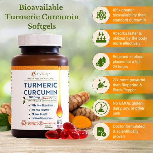 Turmeric Curcumin NovaSOL 1000mg - Nature's Joint Support Herbal Supplement, Natural Softgels