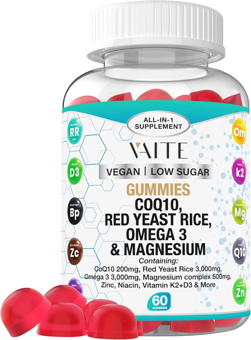 Coq10 Gummies with Red Yeast Rice, Magnesium, Omega 3, Niacin, Zinc, Vitamin K2, D3, B3, 60 Chews, Heart Health Support