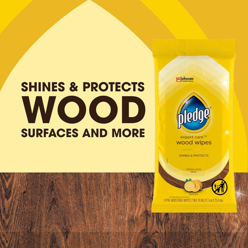 Pledge Expert Care Wood Wipes, 24 Count, Shines & Protects, Removes Fingerprints, Lemon Scent