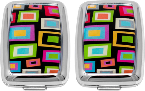 Set 2 of Dual-Compartment Rectangular Pocket Purse Pill Box & Organizer with Insert (Retro Squares)