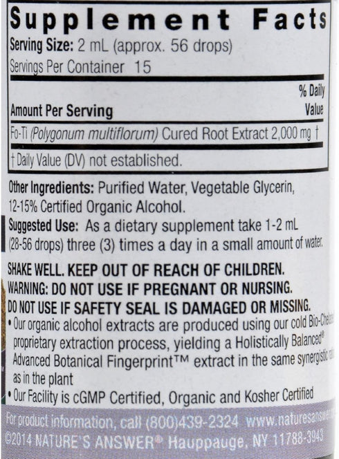Nature's Answer Fo-Ti Root with Organic Alcohol, 1-Fluid Ounce | Promotes Hair, Skin, and Nails | Glute-Free | Vegan | Non-GMO | Single Count