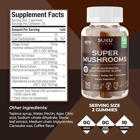 Gummies Immunity Gummy 50 Count SUKU Vitamins - Super Mushroom -Reishi Chaga, Turkey Tail & Lions Mane Blend for - Easy