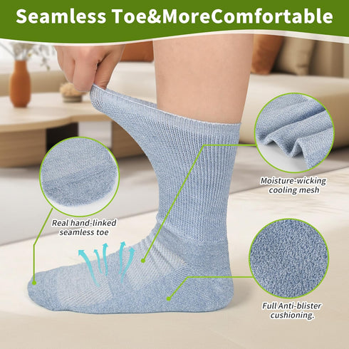 Seamless 9-12 10-13 Revosoxs Diabetic Crew Socks for Men Women,Bamboo Viscose Non-Binding Loose Top Wide Socks with Toe