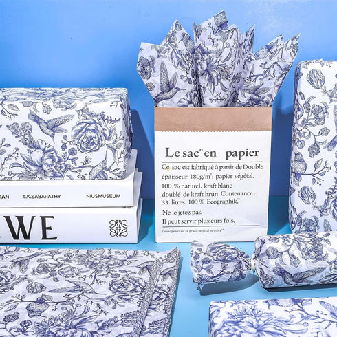 Whaline 100 Sheets Blue White Floral Tissue Paper, Chinoiserie Flower Bird Gift Wrapping Paper for Weddings and Parties