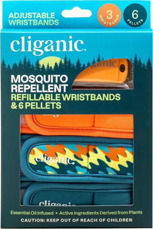 Cliganic Mosquito Repellent Pack, 3 Wristbands + 6 Refill Pellets, Adjustable, Natural DEET-Free