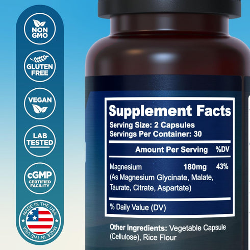 5-in-1 Magnesium Complex - High Absorption - Chelated Magnesium Glycinate, Malate, Citrate, Taurate, & Aspartate for Nerves, Muscles, Bones | 60 Capsules | Magnesium Supplement