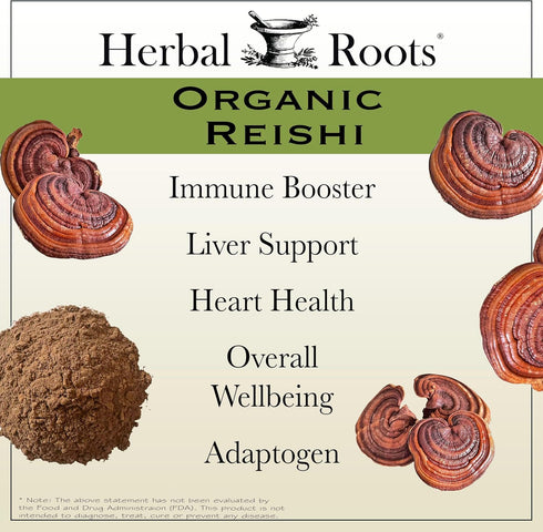 Immune 60 Herbal Roots Organic Reishi Mushroom Capsules - Made with Fruiting Bodies - Support Energy, Vitality, & Heart