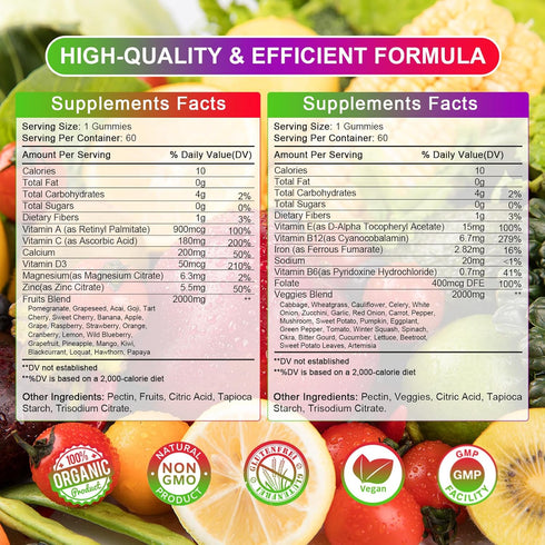 Sugar-Free Fruits and Veggies Original Gummies Supplement, Multi-Vitamins & Minerals in Gummies, Natural Fruits and Vegetables Supplement, Immunity & Antioxidant & Energy Supplements for Women & Men