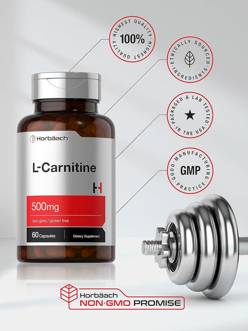 Horbaach L-Carnitine Supplement 500mg, 60 Capsules, Non-GMO and Gluten Free