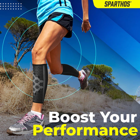 Sparthos Calf Compression Sleeves (Pair) – Leg Compression Socks for Men and Women, Black-XL