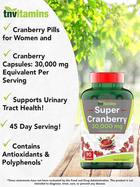 Cranberry Pills for Women & Men (30,000 MG - 90 Capsules) | Supports Urinary Tract Health
