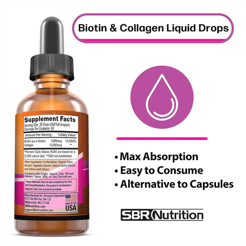 SBR Nutrition Biotin and Collagen Liquid Daily Dietary Supplement, Vitamins for Hair Growth and Thickening, Skin Health and Nail Strength, 2 oz (60mL)