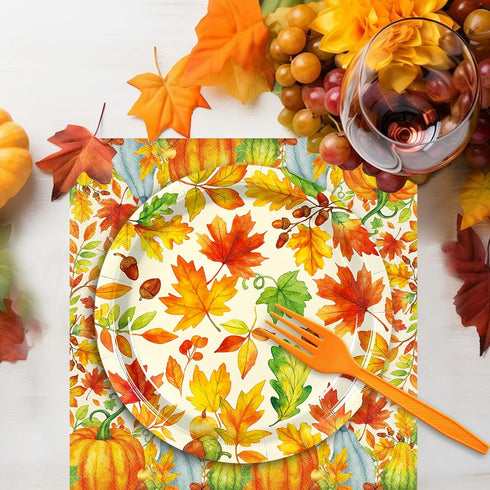 Temicle 96 Set 24 Pieces Fall Thanksgiving Tableware Pumpkin and Autumn Leaves Disposable Plates, Napkins, and Forks