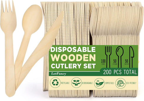 LotFancy Disposable Wooden Cutlery Set, Pack of 200 (100 Forks, 50 Spoons, 50 Knives), Eco-Friendly