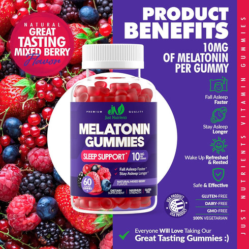 Melatonin 10mg Gummies | 60 Servings | Maximum Strength Sleep Aid for Adults | Gluten-Free, Non-GMO, Mixed Berry Flavor