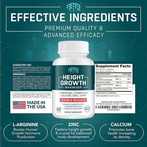 Height Growth Maximizer, Calcium, Vitamin D3 and Zinc Blend Pills, Bone Growth Supplement for Kids and Teens, 60 Caps