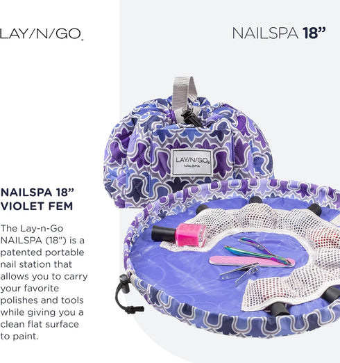 Lay-n-Go NailSpa Drawstring Cosmetic Bag - Portable Organizer with 8 Elastic Mesh Pockets (18", Violet Floral)