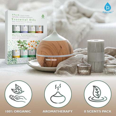 Set 8 Set 10ml Pursonic Essential Oils - Aromatherapy Oils Blends Gift - Pure Essential Oils for Diffusers, Home