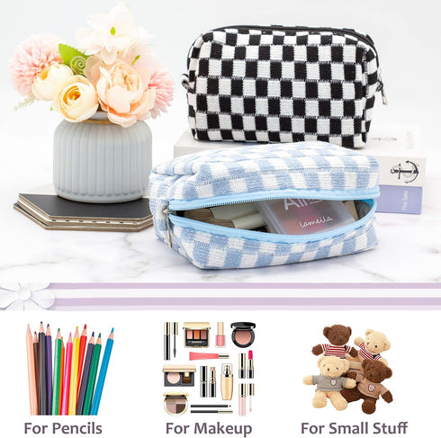 PAZIMIIK Checkered Makeup Bag for Purse Portable Zipper Make Up Pouch Small Cosmetic Case for Travel Accessories (Blue)