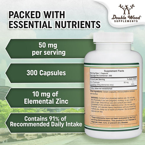 Zinc Picolinate 50mg - 300 Capsules (Immune Support), Non-GMO, Gluten Free (300 Day Supply) by Double Wood Supplements