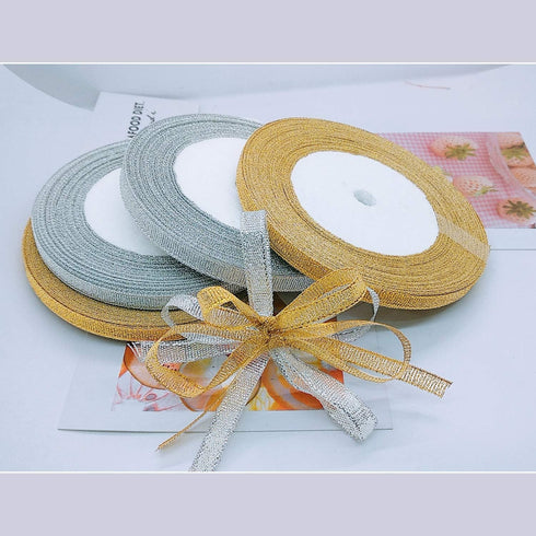4 Roll Glitter Metallic Ribbon - Gold Silver Glitter for Gift Wrapping, Crafts, and Decorations