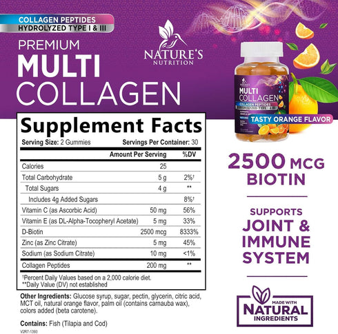 Collagen Gummies for Women with Vitamin C, Zinc & Biotin - Hydrolyzed Protein Type 1 & 3 Multi Collagen Peptides