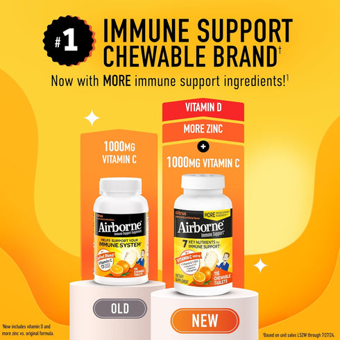 Airborne Vitamin C 1000mg (per Serving) - Citrus Chewable Tablets (116 Count), Gluten-Free Immune Support Supplement