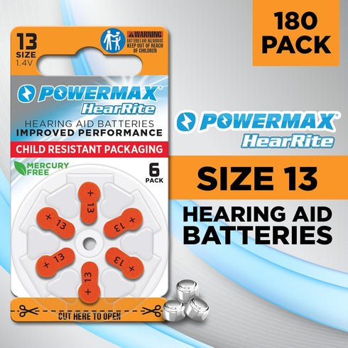 Powermax Size 13 Hearing Aid Batteries, 180 Count Long-Lasting Battery Pack, Orange Long Tab
