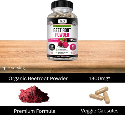Kaya Naturals Premium Organic Beet Root Powder - 30 Count for Healthy Circulation and Nitric Oxide Flow