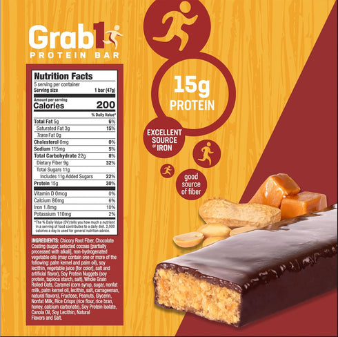 Grab1 High Fiber Protein Bars, 9 Grams Fiber, 10 Grams Protein, Peanut Caramel Flavor (2 Pack - 10 Bars)
