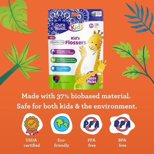 GuruNanda Dental Floss Picks for Kids - Extra-Long Giraffe-Shaped Picks, Fluoride-Free, Eco-Friendly Handle, 90 Count