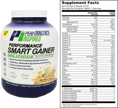 Performance Inspired Nutrition Smart Mass Gainer - 50G Protein, L-Glutamine, Creatine, Fiber, Digestive Enzymes,