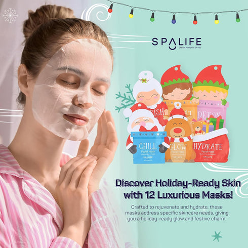 SpaLife Santa's Squad Hydrating Facial Masks, 12 Pack for Moisturizing and Soothing Beauty
