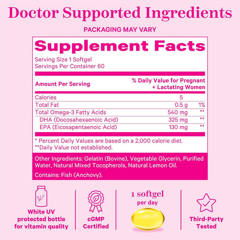 Pink Stork Omega-3 DHA - 540 mg Fish Oil Supplements with DHA and EPA, Prenatal and Postpartum Essentials, 60 Softgels