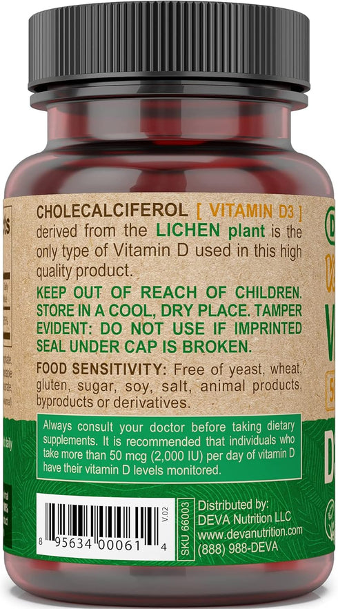 DEVA Sunshine Vitamin D3 5000 IU, 125 mcg Vegan D3, 90-Count Bottle (Pack of 2)