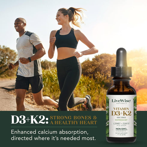 Vitamin D3 with K2 Liquid Drops, All Natural, Non-GMO, 1208iu D3 and 25mcg K2 per Serving, Supports Bones