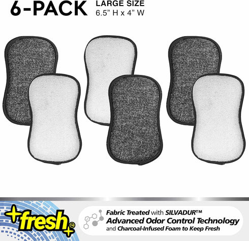 Fresh Large Professional Microfiber Scrub-N-Wipe Sponge Pads, Fabric Treated with SILVADUR Advanced Odor Control Technology and Charcoal-Infused Foam, 6-Pack Large Pads by TUFF-SCRUB