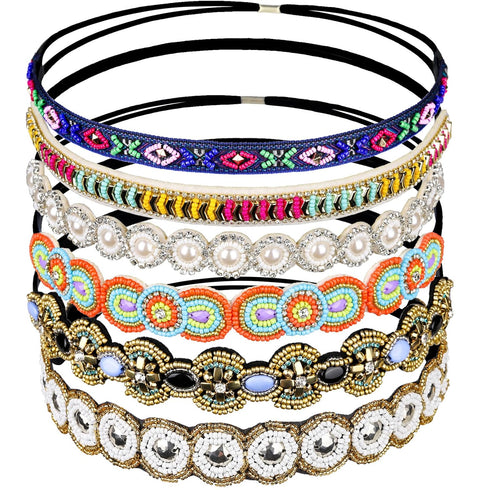 Teenitor 6 Pieces Elastic Rhinestone Beaded Headbands, Handmade Vintage Hair Bands for Girls
