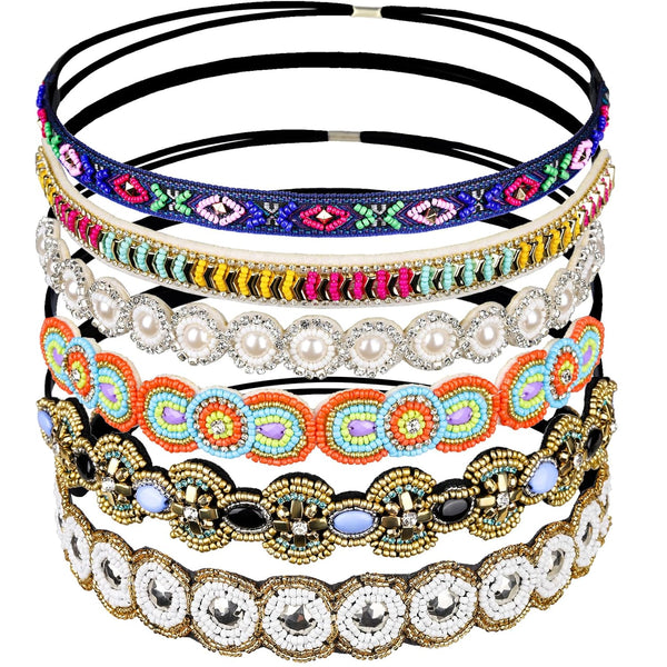 Teenitor 6 Pieces Elastic Rhinestone Beaded Headbands, Handmade Vintage Hair Bands for Girls