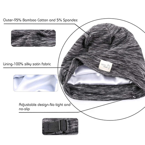 Silky Satin Lined Bonnet for Women, Adjustable Slouchy Beanie Sleep Cap for Long Curly Hair, Braids, Dreadlocks (Black)