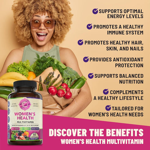 Womens Daily Multivitamin Multimineral Supplement - 60 Capsules - Energy, Mood, Focus, Hair, Skin & Nails