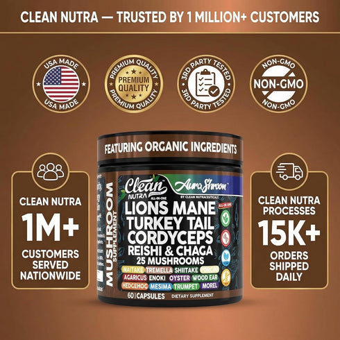 Immune 60 AuraShroom Mushroom Supplement Lions Mane Turkey Tail Cordyceps Reishi Shiitake Chaga Oyster Stress Relief