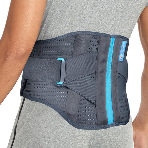 Back Brace for Lower Back Pain Relief with Lumbar Pad for Men and Women - Gray/Blue, S/M Fit